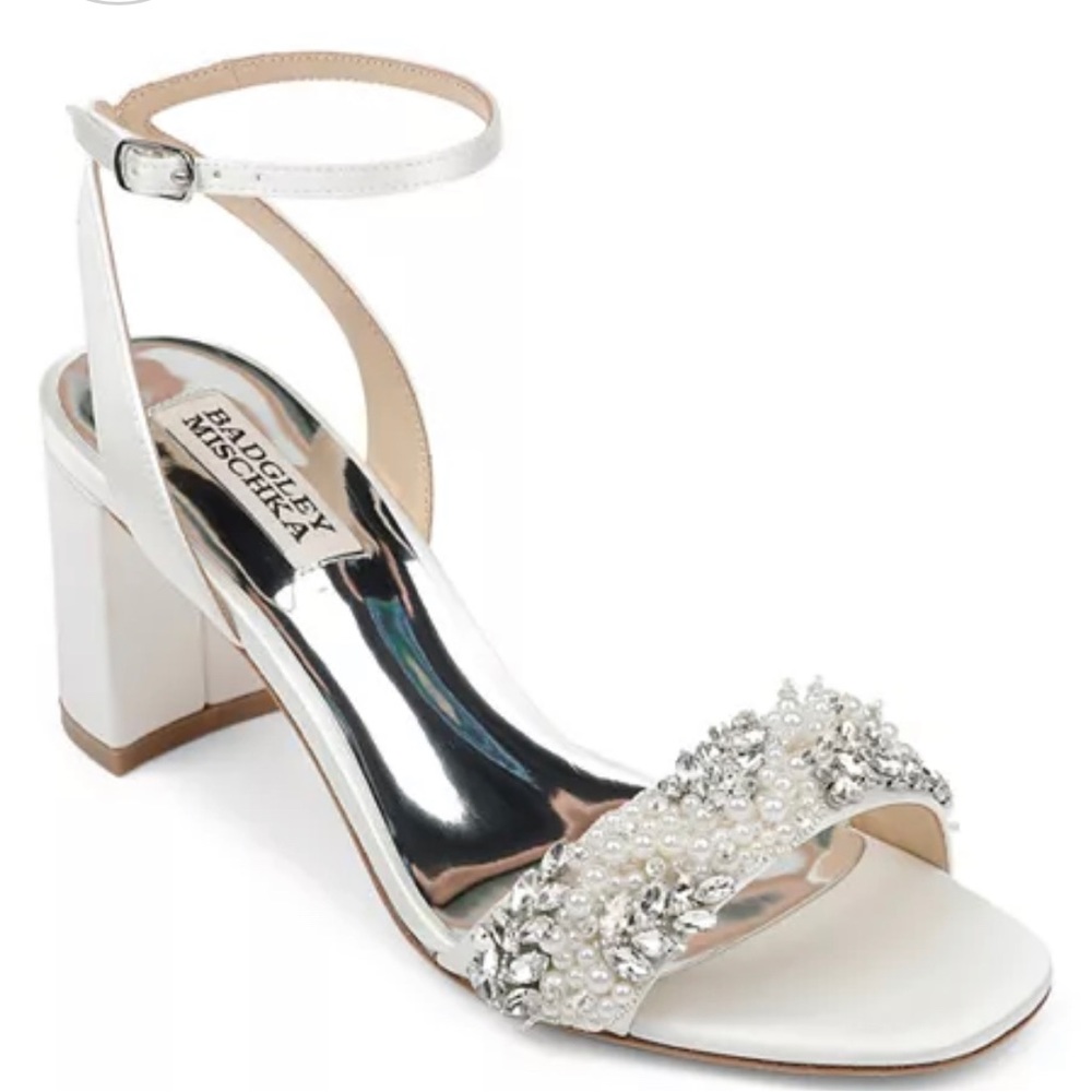 Badgley Mischka Clara Embellished Block Heels, Wide Width 8 1/2, white satin.